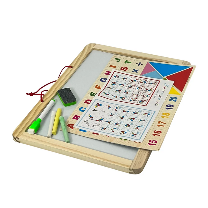 🧠 Tablă Educativă Magnetică din Lemn – Alfabet, Cifre, Forme Geometrice & Marker , Creta