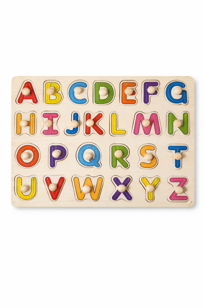 🧩 Puzzle din Lemn cu Alfabet – Litere Colorate A–Z cu Butoane