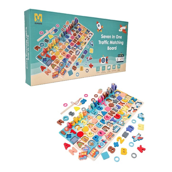 Joc Montessori din lemn 7 în 1 – Placă educativă cu litere, cifre, sortare forme și pescuit magnetic pentru copii 3+ ani