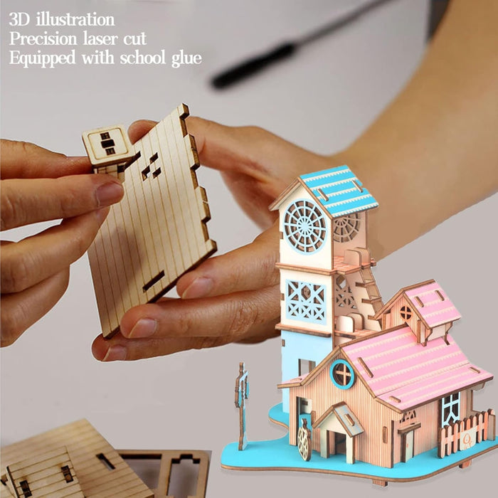 Puzzle 3D Casă „Riverside Villa” din Lemn – Machetă DIY Creativă, 58 Piese, Jucărie Educativă pentru Copii 8+ și Adulți